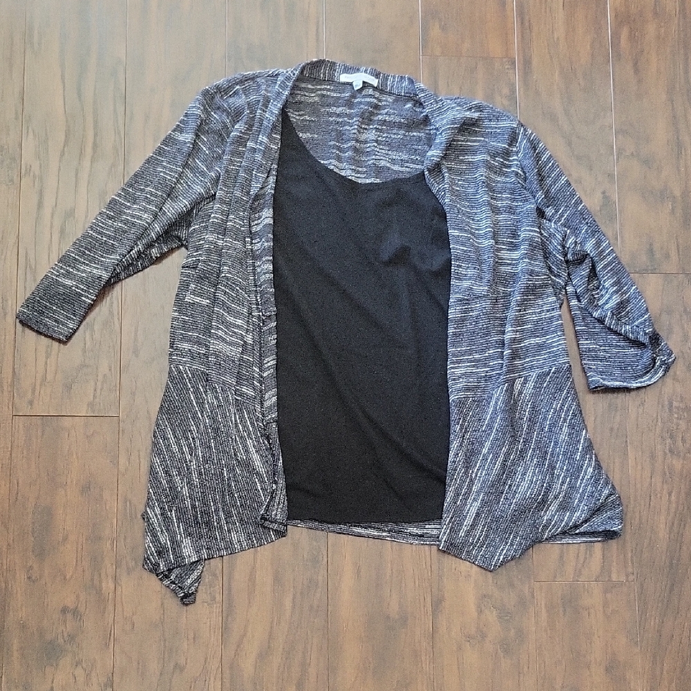 Notations Black and Gray Open-Front Knit Mock Cardigan